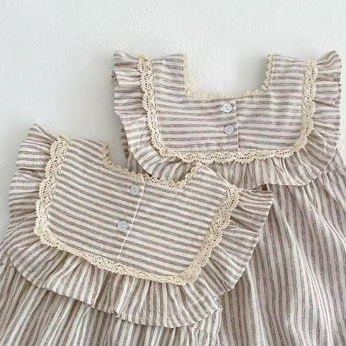 Linen Stripes Dress & Romper Set – Rustic Charm 🤎🌾