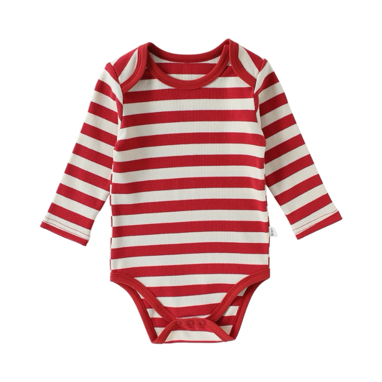 Red and cream striped long sleeve baby bodysuit, flat lay