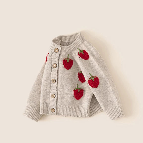 Girls strawberry knit cardigan with one sleeve folded