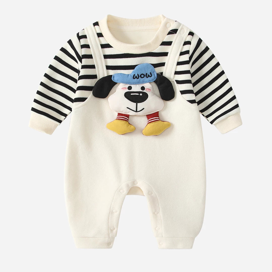 Striped puppy romper laid flat showing faux overall straps and leg snaps