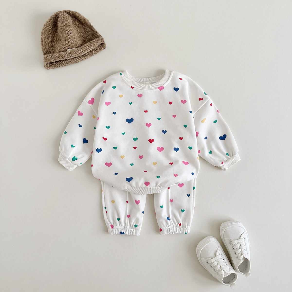 Newborn Colored Loving Heart Printed Long Sleeve Trousers Suit