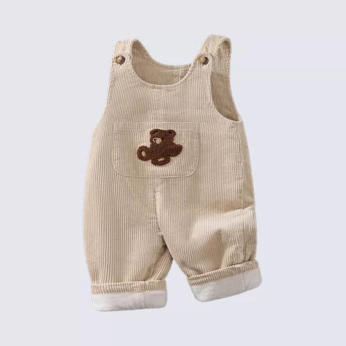Oat beige fleece-lined corduroy dungarees with teddy bear pocket