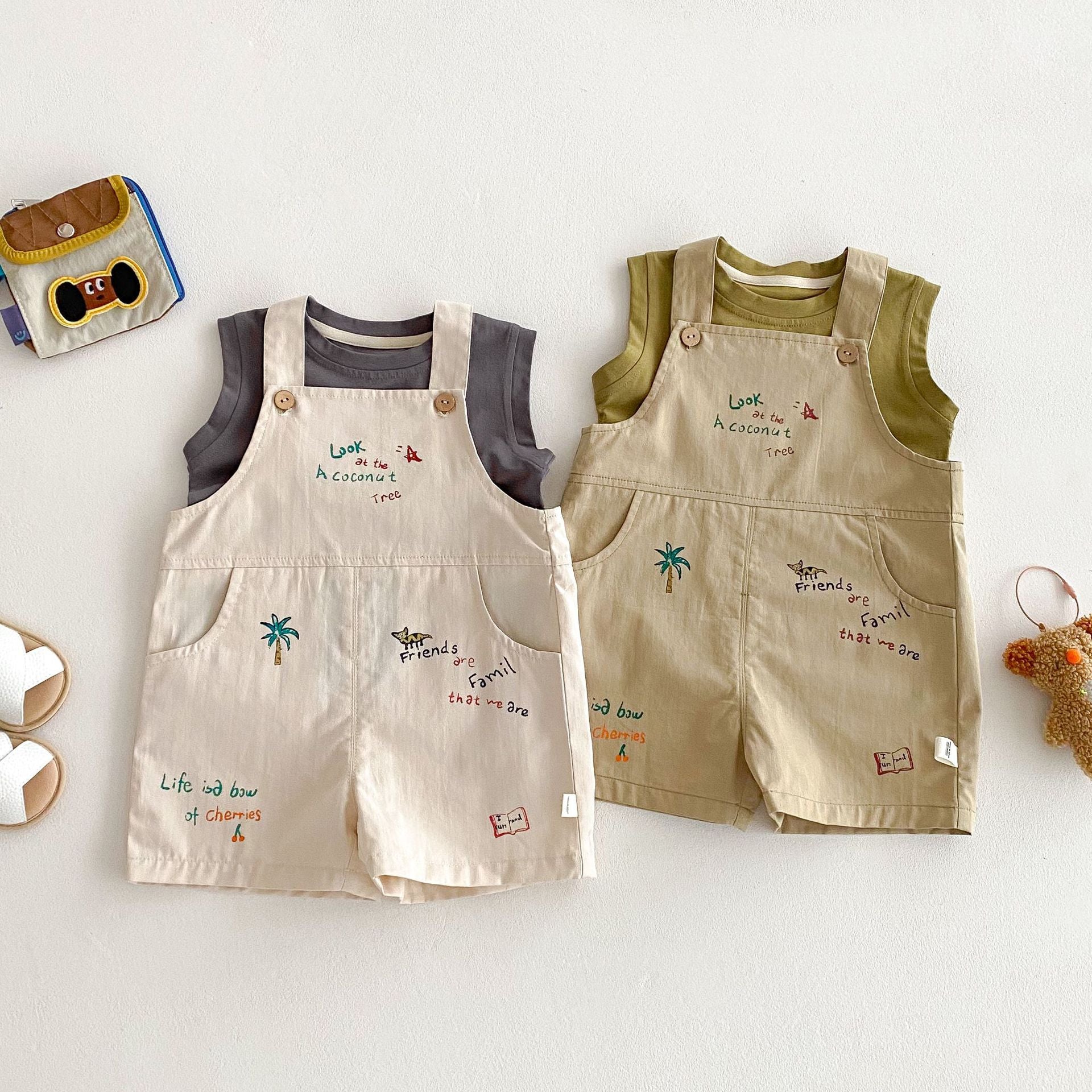 Simple Fashion T-shirt Fashion Baby Korean Style Cartoon Suspender Pants