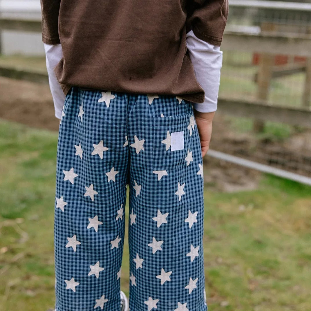 Child in navy star gingham wide-leg pants standing outdoors
