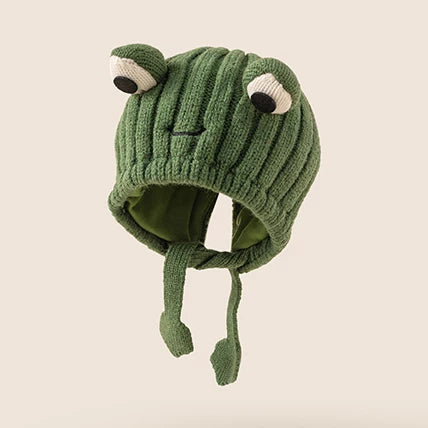 Moss green frog knit baby hat with googly eyes and soft lining