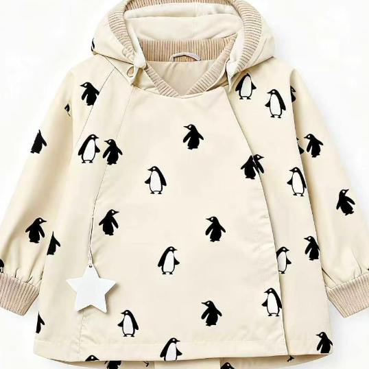 Close-up of the penguin print jacket with ribbed cuffs and star charm