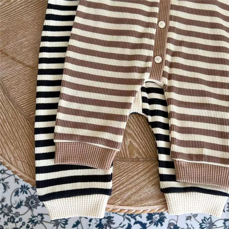 Close-up of the ribbed ankle cuffs on the striped baby romper legs