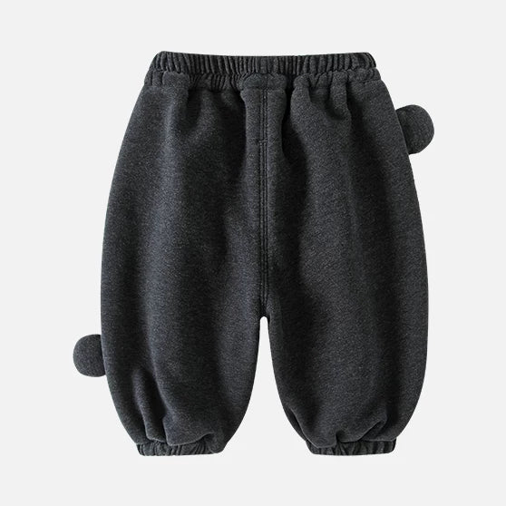 Back view of charcoal fleece-lined toddler pants with bear ear detail