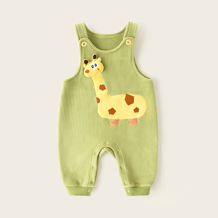 Pistachio green fleece overall romper with a plush giraffe appliqué, flat lay