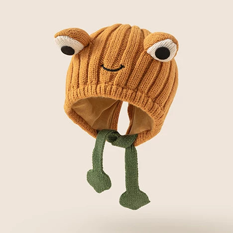 Pumpkin orange frog knit earflap hat for babies with big eyes and smile