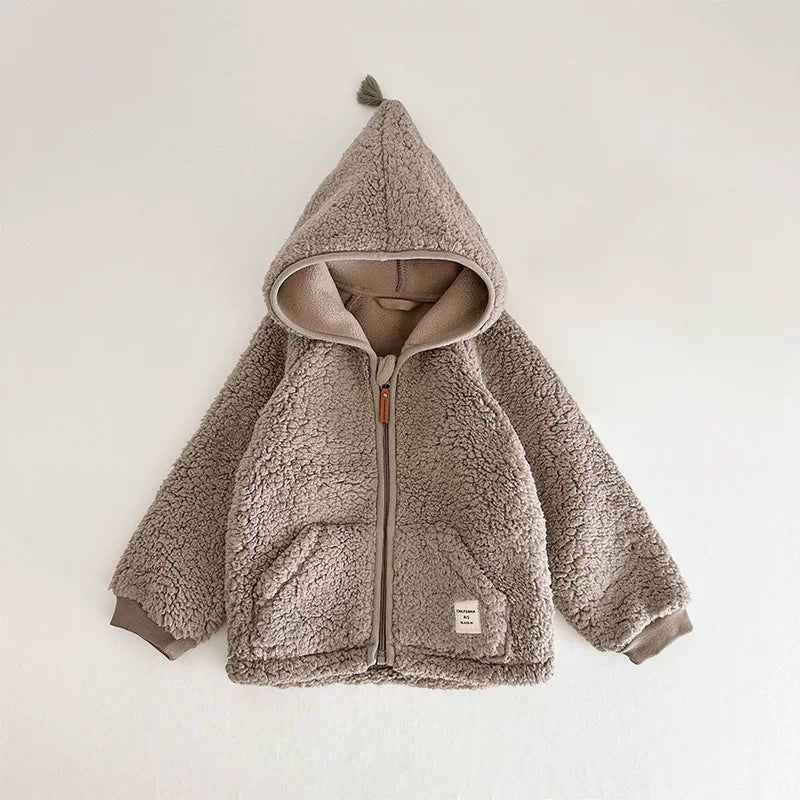 Mocha teddy fleece hooded jacket for toddlers, flat lay