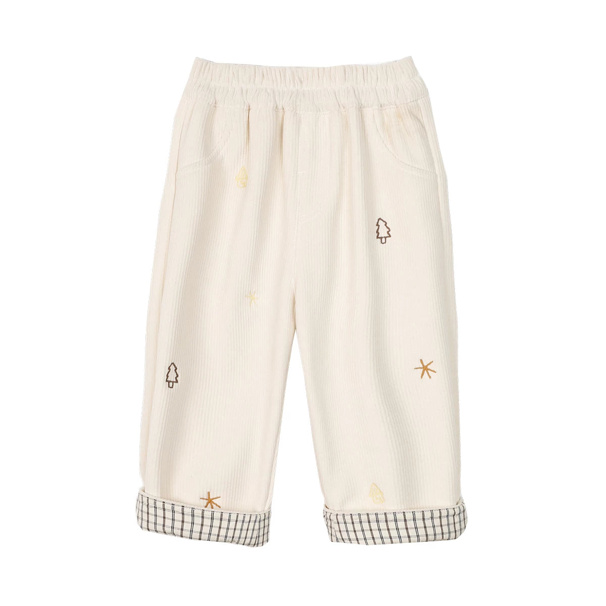 Oat cream corduroy kids pants with embroidered stars and checked cuffs, flat lay