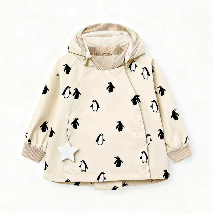 Apricot hooded padded jacket with penguin print, flat lay