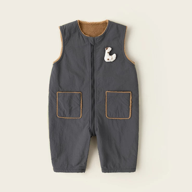 Charcoal sleeveless sherpa-lined baby romper with tan trim