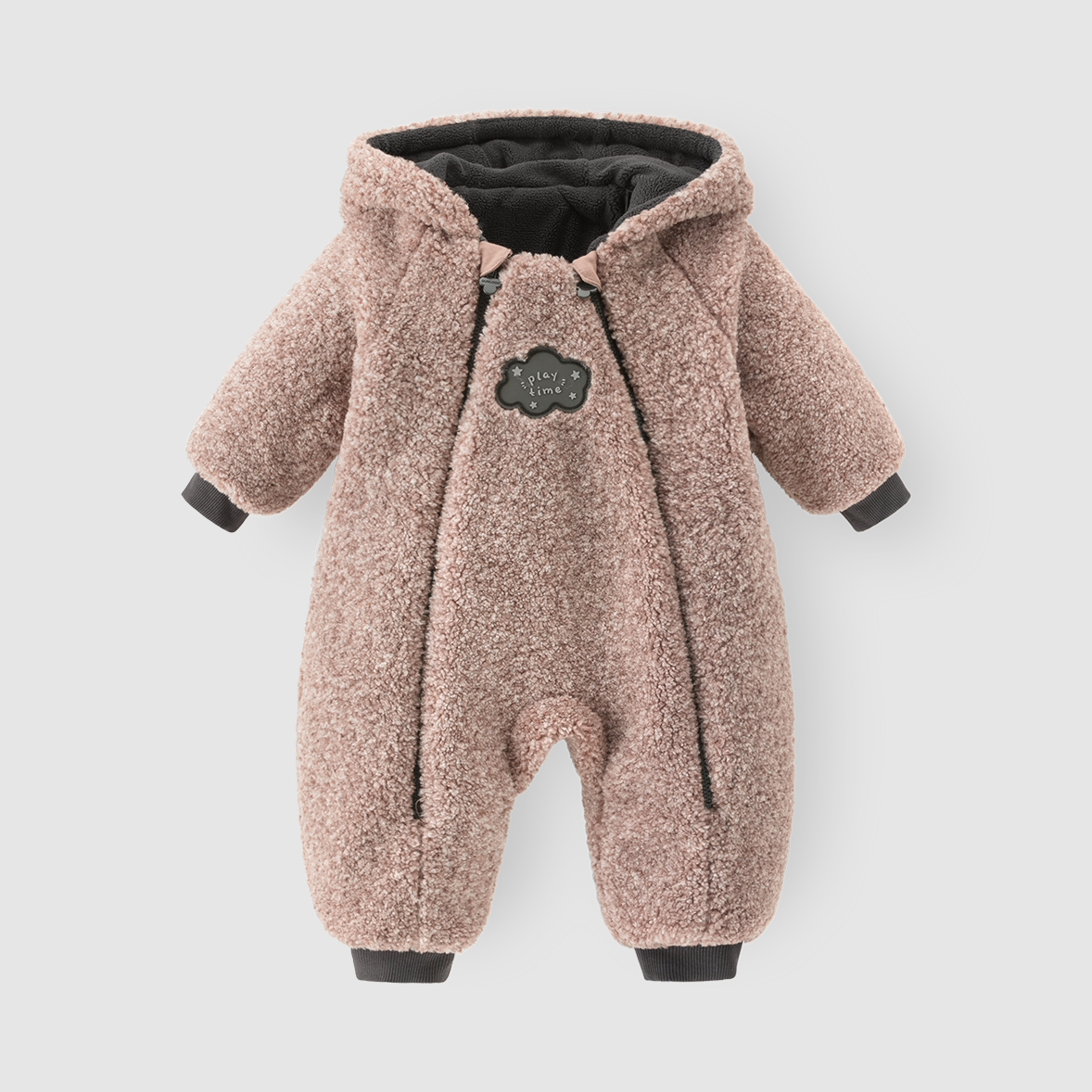 Mocha brown teddy fleece baby romper with hood and cloud patch
