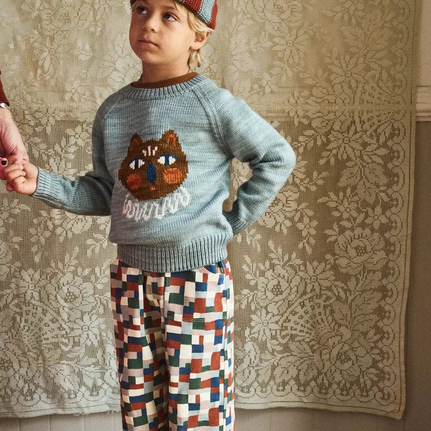 Boy in a misty blue cat sweater and patchwork trousers