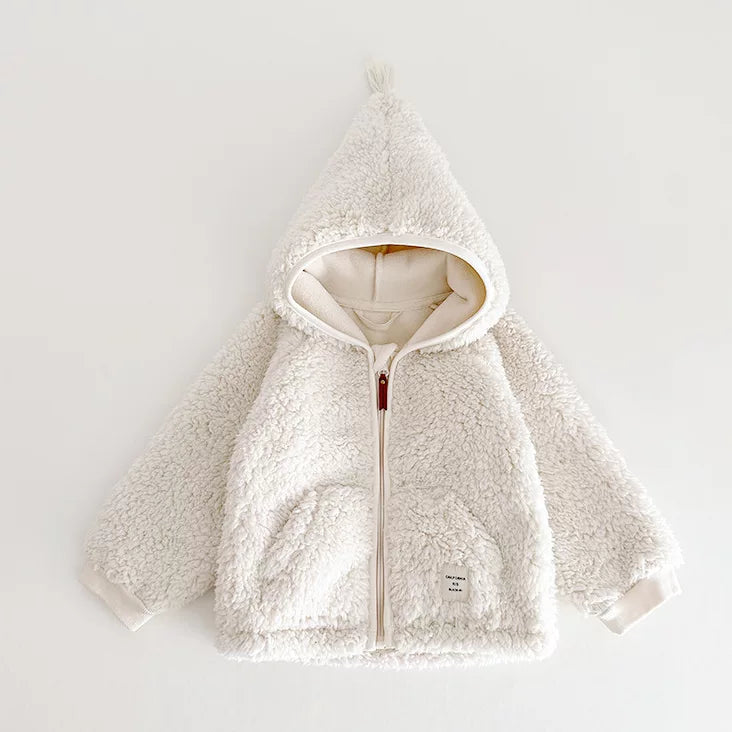 Cream teddy sherpa hooded jacket for kids, flat lay