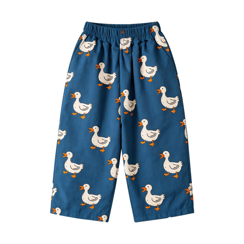 Blue duck print kids wide-leg pants, flat lay