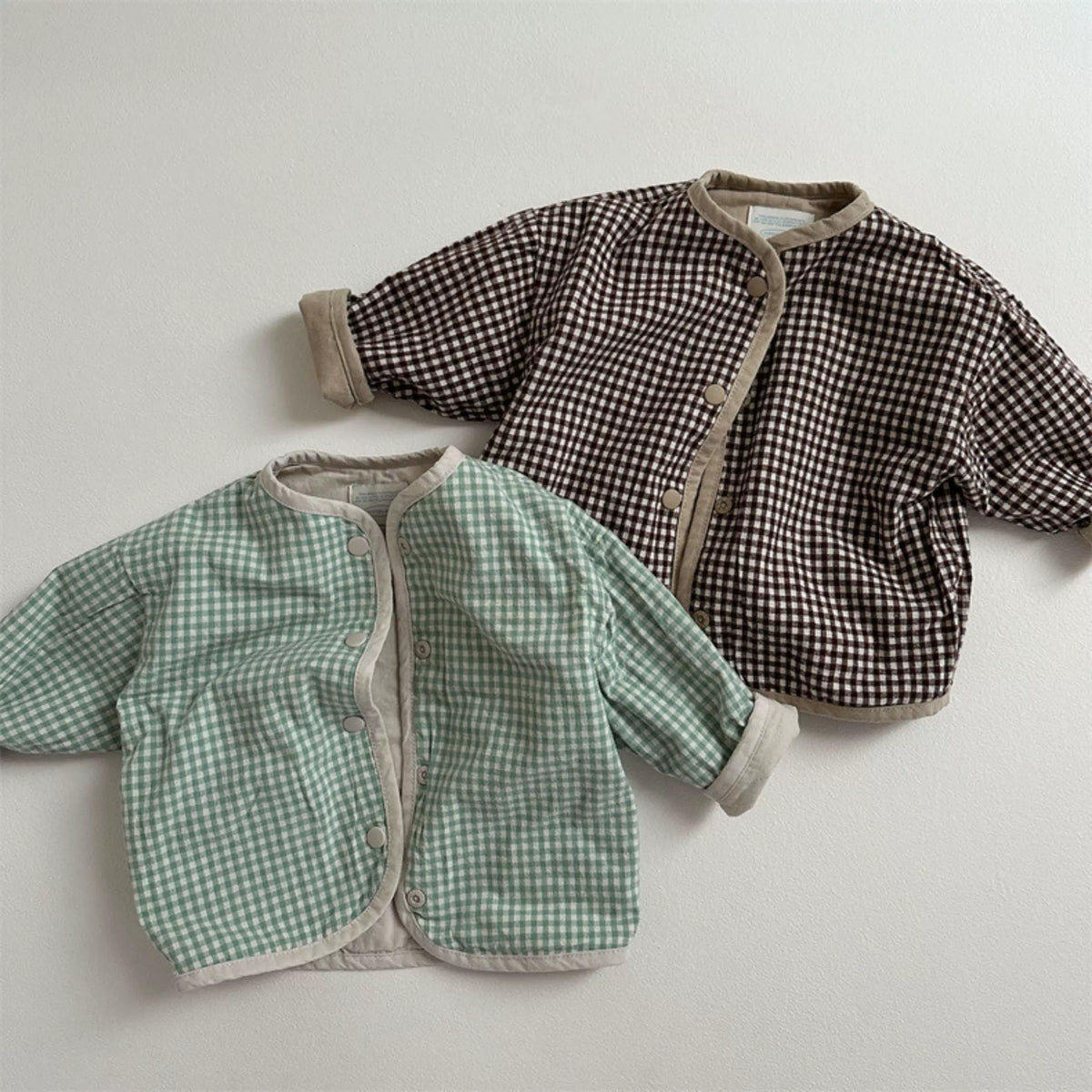 Gingham check sides of sage and brown reversible kids jackets