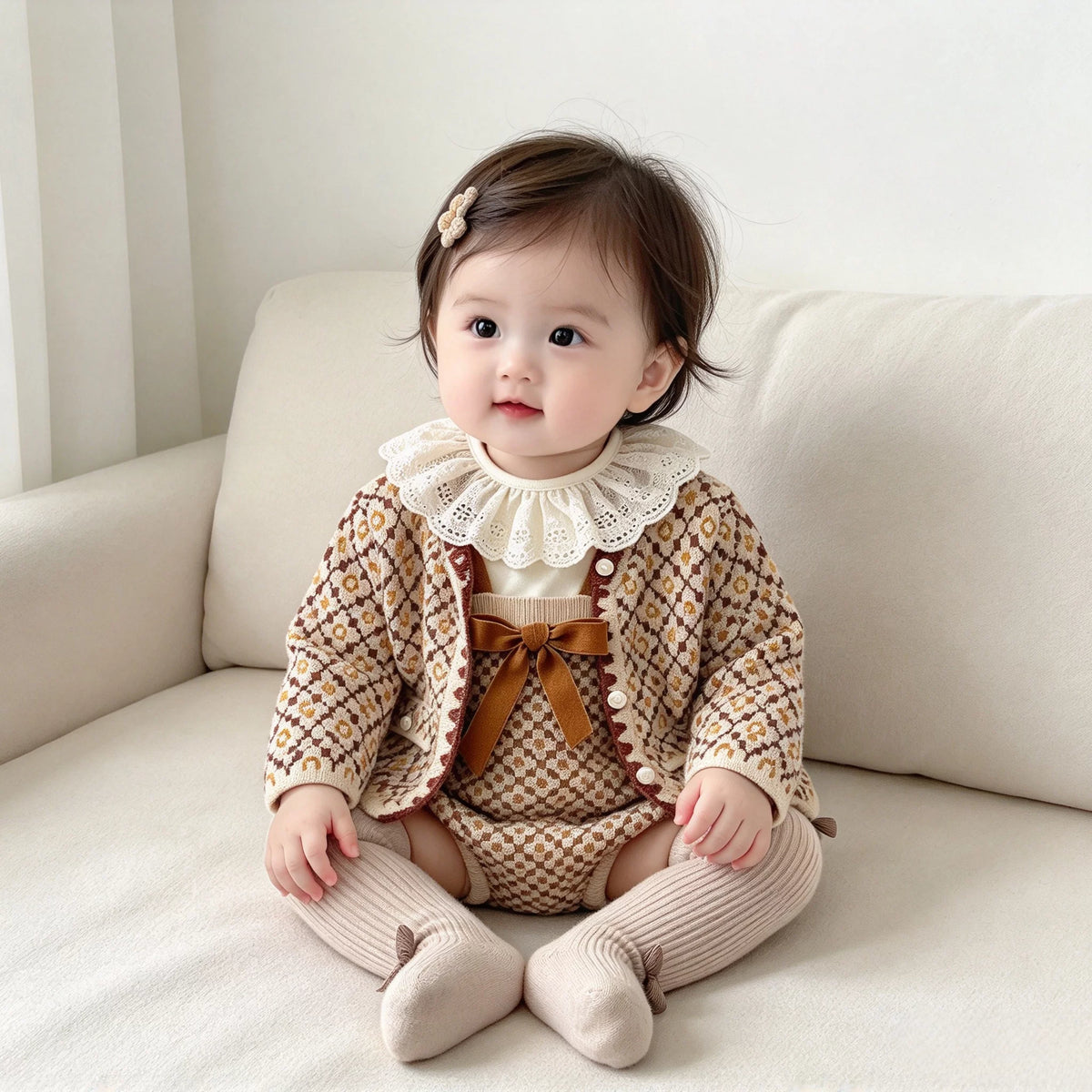 Baby girl sitting on a sofa in a heritage knit cardigan, bow suspender romper and ribbed tights