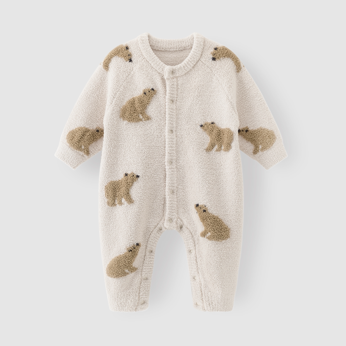 Oat plush knit baby romper with brown bear pattern