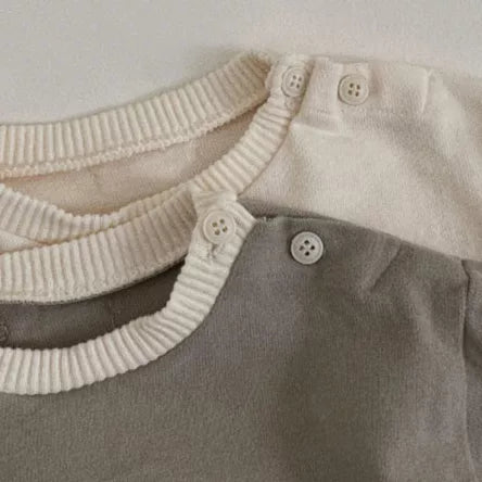 Close-up of the ribbed crew necklines and shoulder buttons