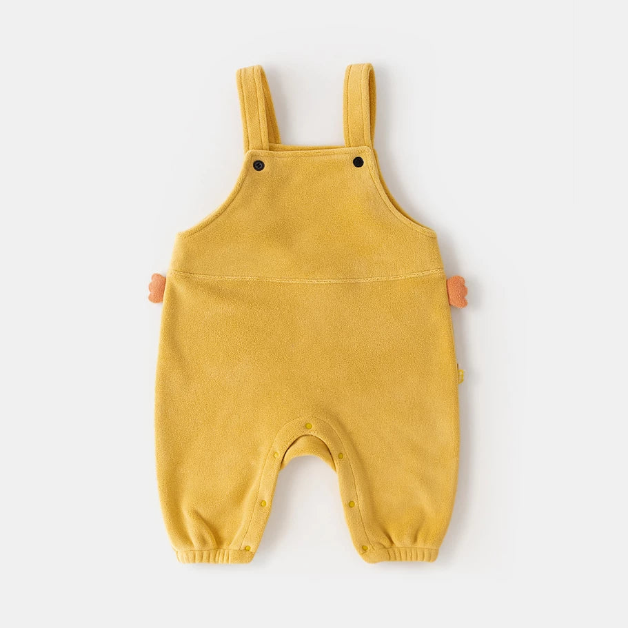 Mustard yellow fleece kids dungarees with little tail detail, flat lay