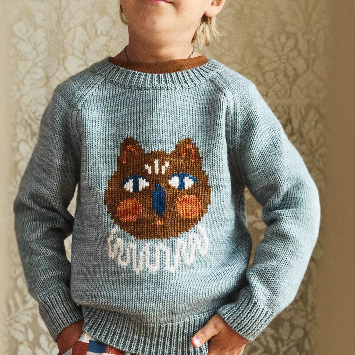 Close-up of the brown cat face knitted on a misty blue sweater