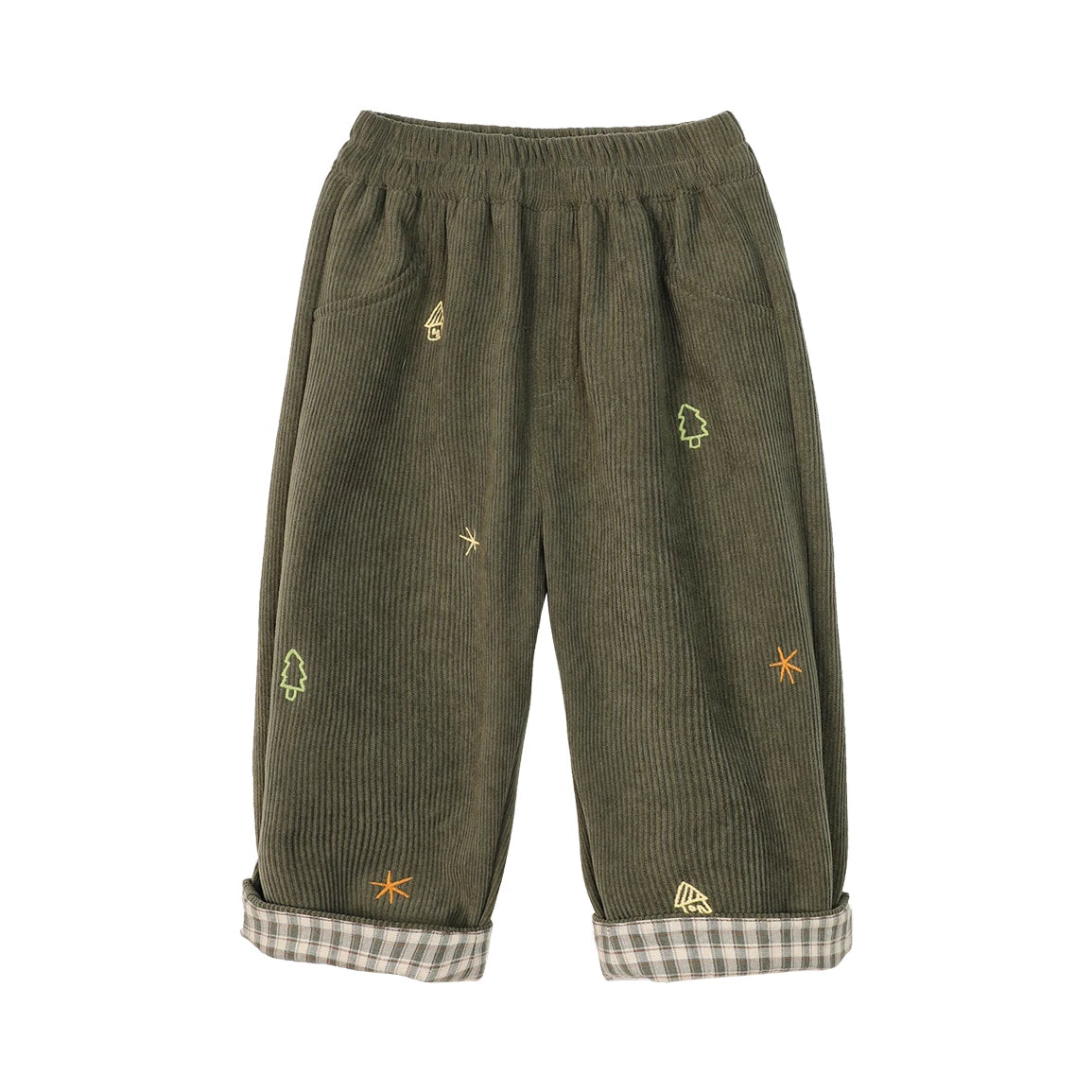 Olive green corduroy toddler pants with embroidered trees and plaid turn-up cuffs, flat lay