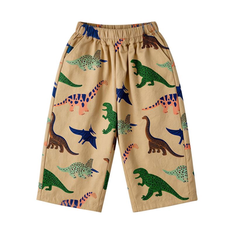 Khaki dinosaur print kids wide-leg pants, flat lay