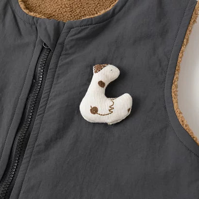 Charcoal romper zip front with plush duck appliqué