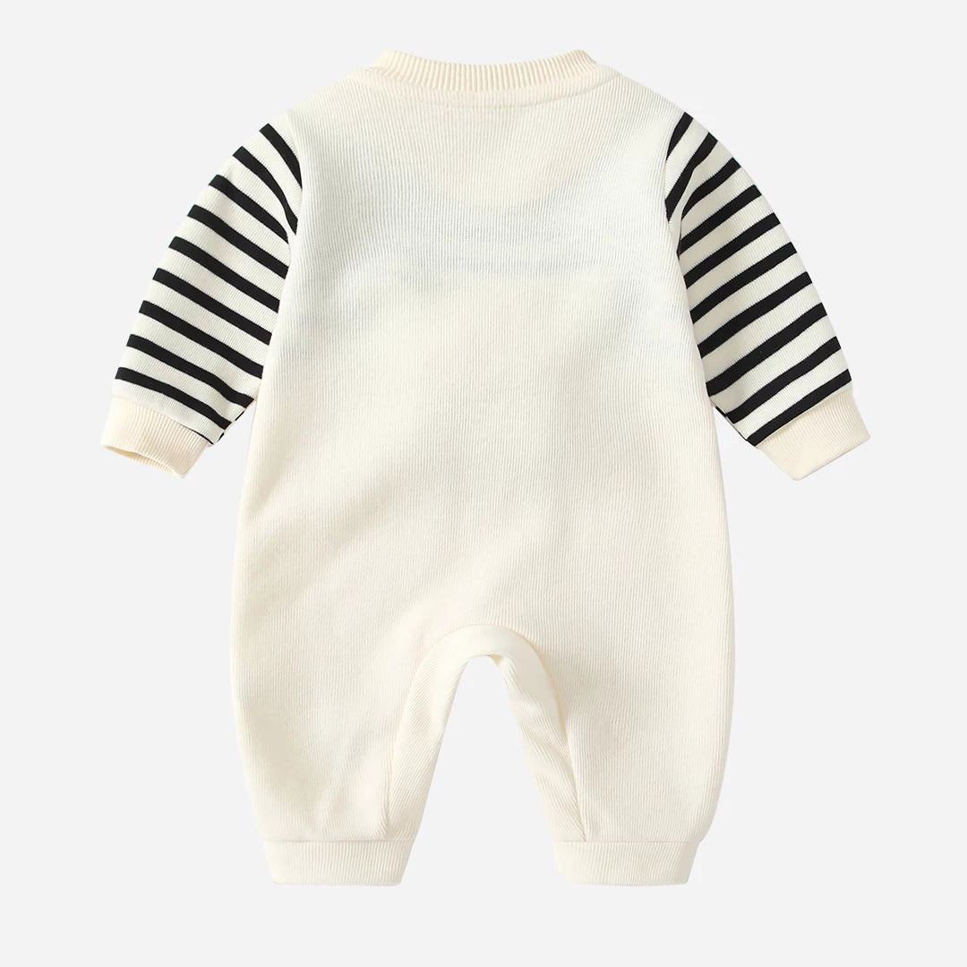 Back view of the cream striped-sleeve baby romper