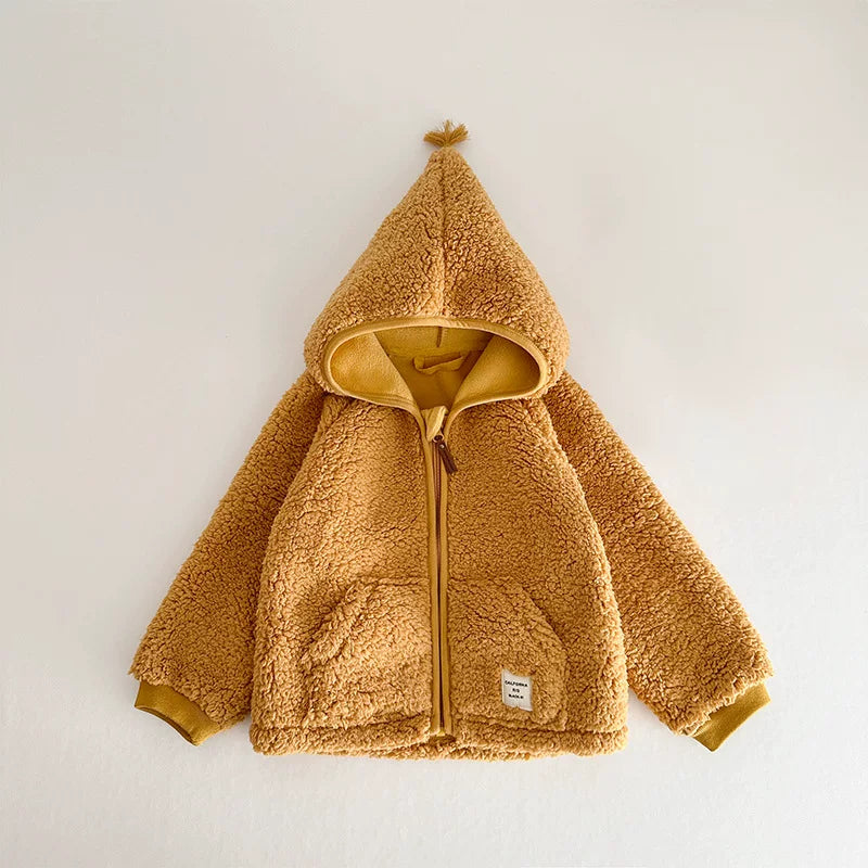 Mustard sherpa jacket with pointed hood and kangaroo pocket, flat lay