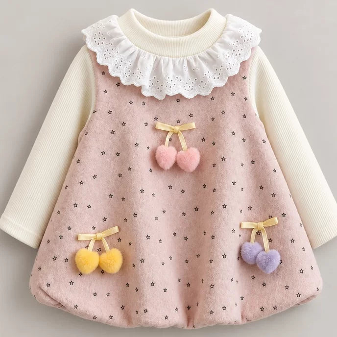 Two-piece girls set with eyelet ruffle collar and star-print bubble dress