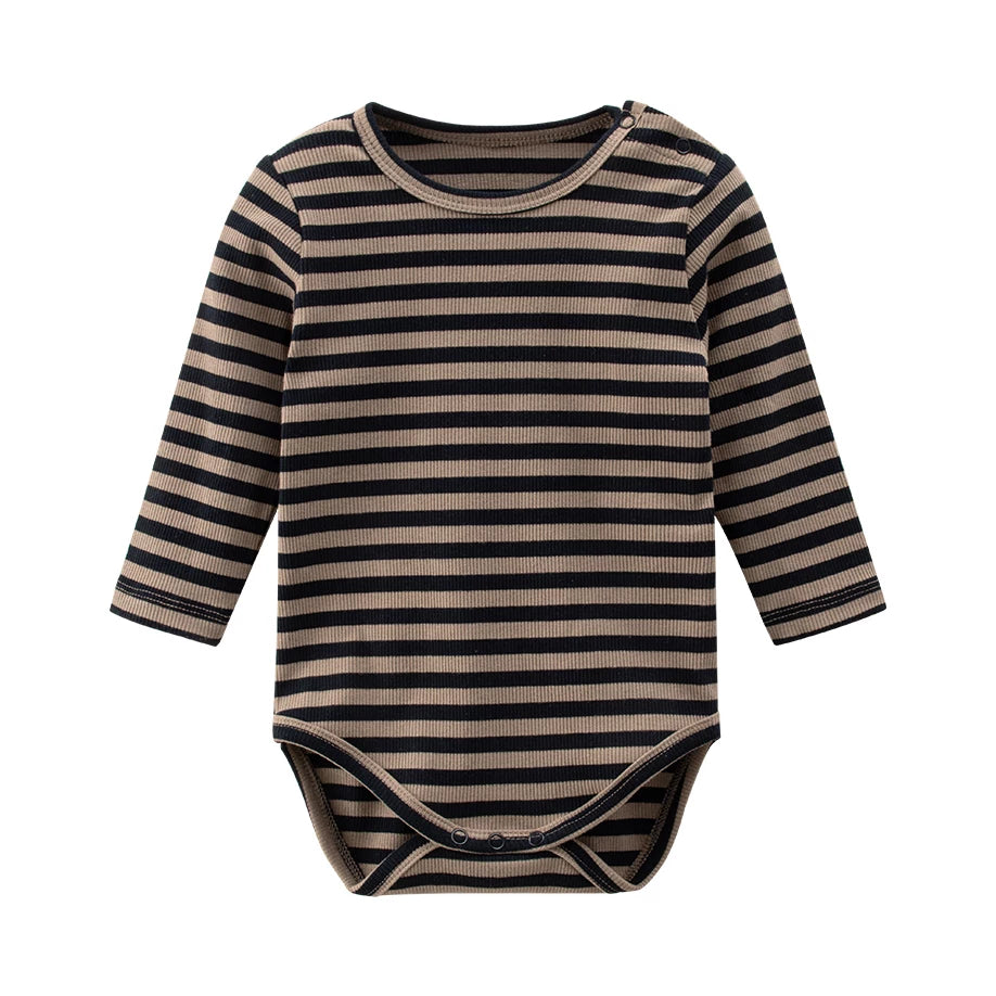 Mocha and black striped long-sleeve baby bodysuit, product shot