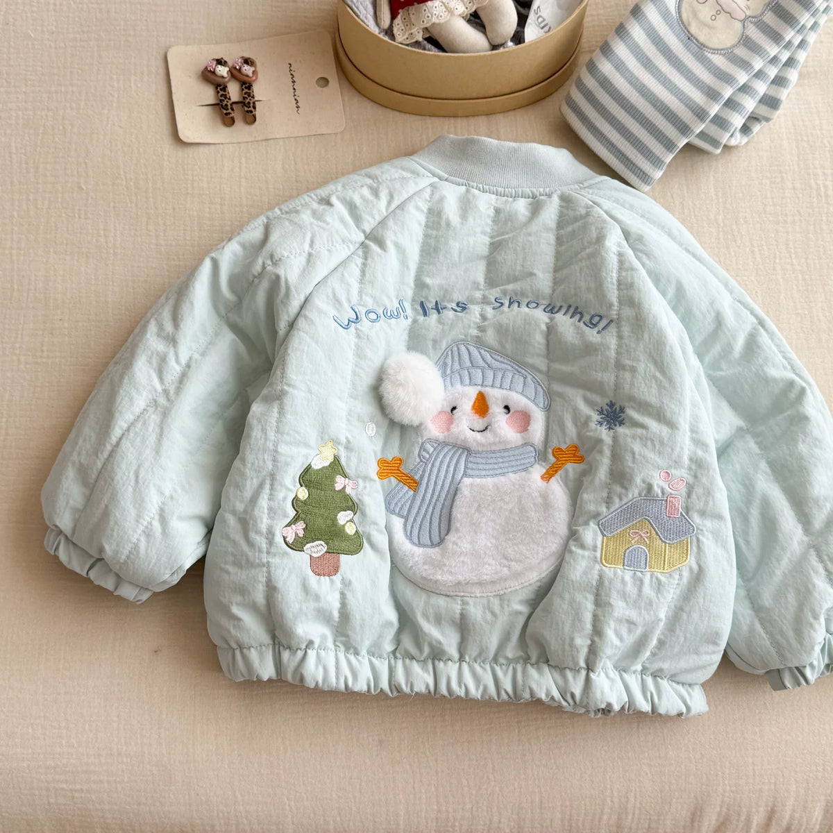 Snowman, Christmas tree and cottage embroidery on jacket back