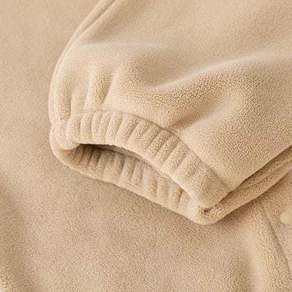 Elastic ankle cuff on camel fleece kids overalls
