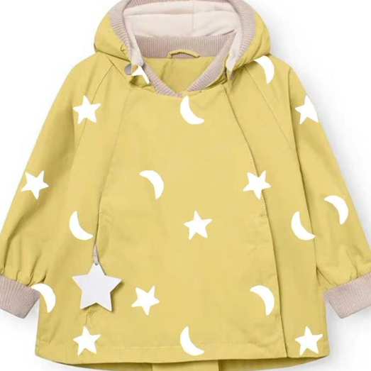Close-up of the moon and stars jacket with ribbed hood lining and star charm