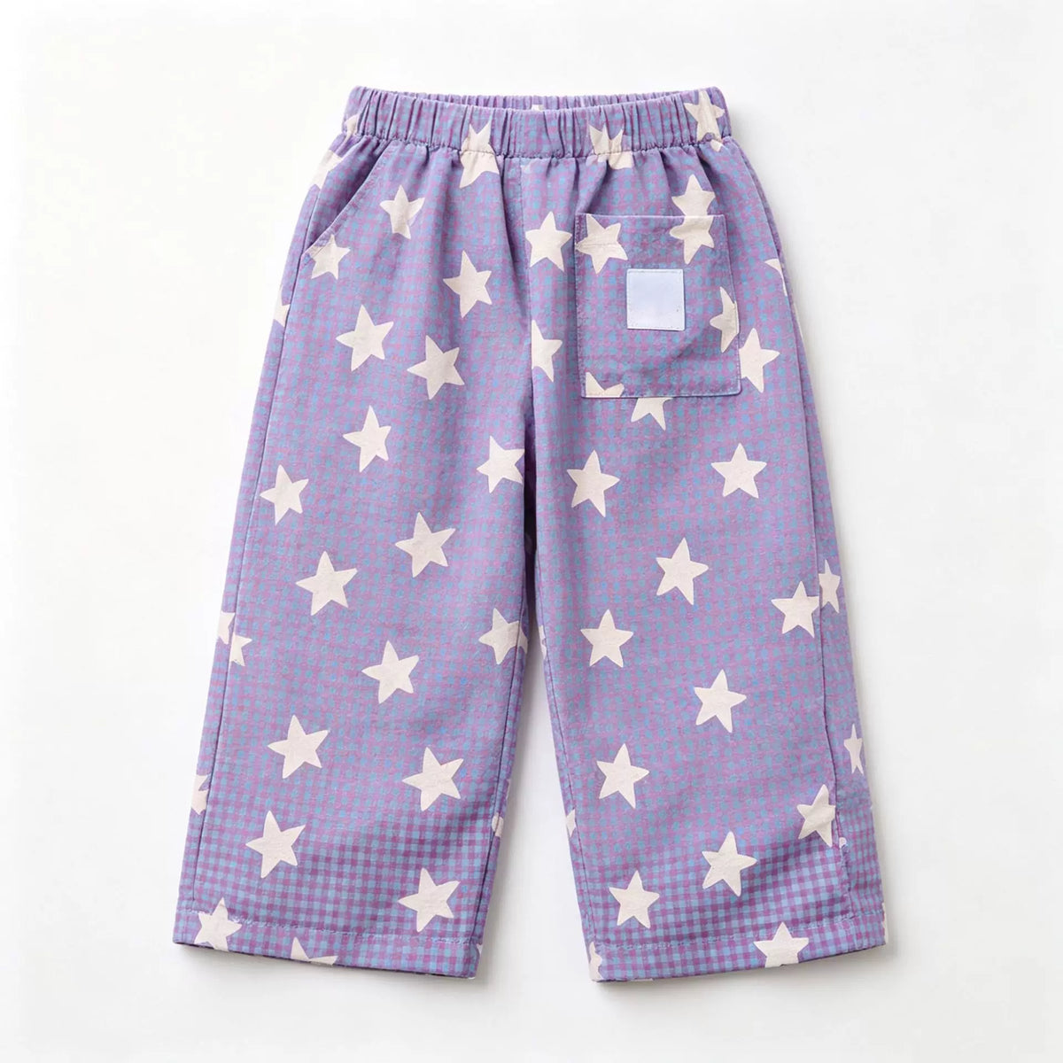 Lavender star gingham wide-leg kids pants, flat lay