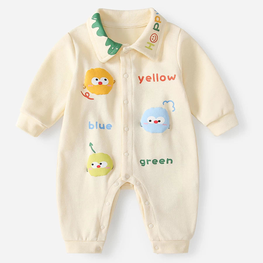 Cream collared baby romper with yellow, blue and green chick appliqués, flat lay
