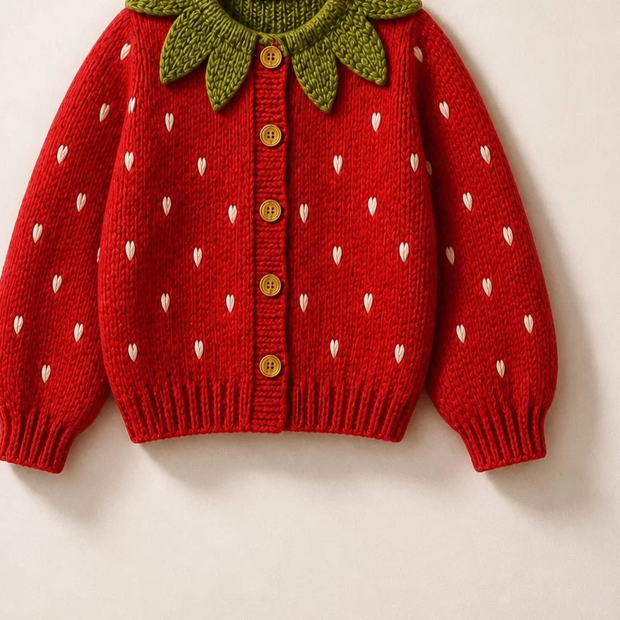 Red strawberry chunky knit cardigan with green leaf collar, flat lay