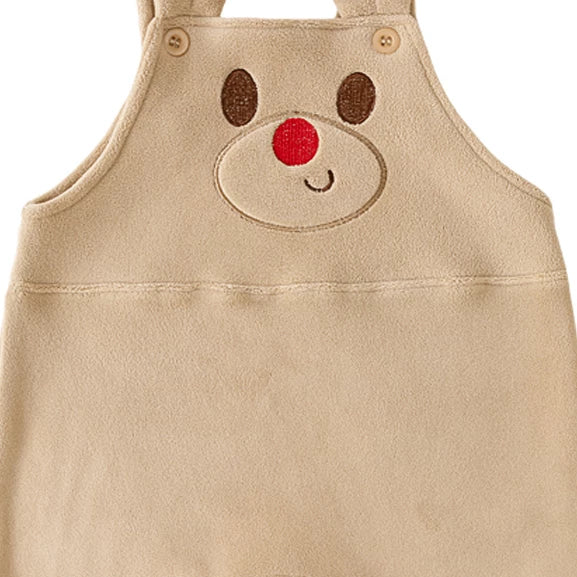 Camel fleece kids dungarees with embroidered bear face and red nose, flat lay