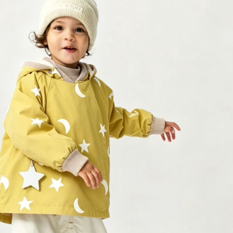Toddler wearing a butter yellow moon and stars hooded jacket