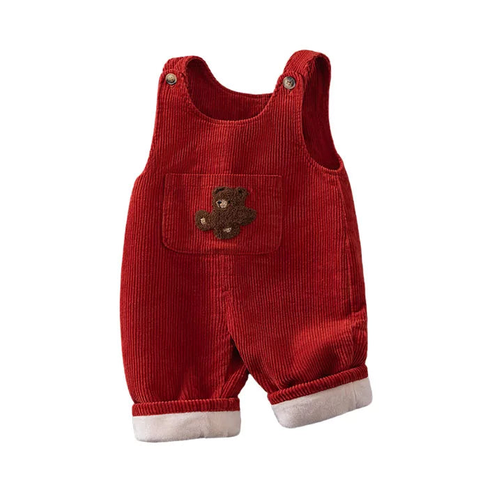 Red corduroy baby overalls with teddy bear pocket and cream fleece-lined cuffs, product shot