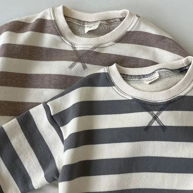 Close-up of the ribbed crew necks and stitched V detail on the striped rompers