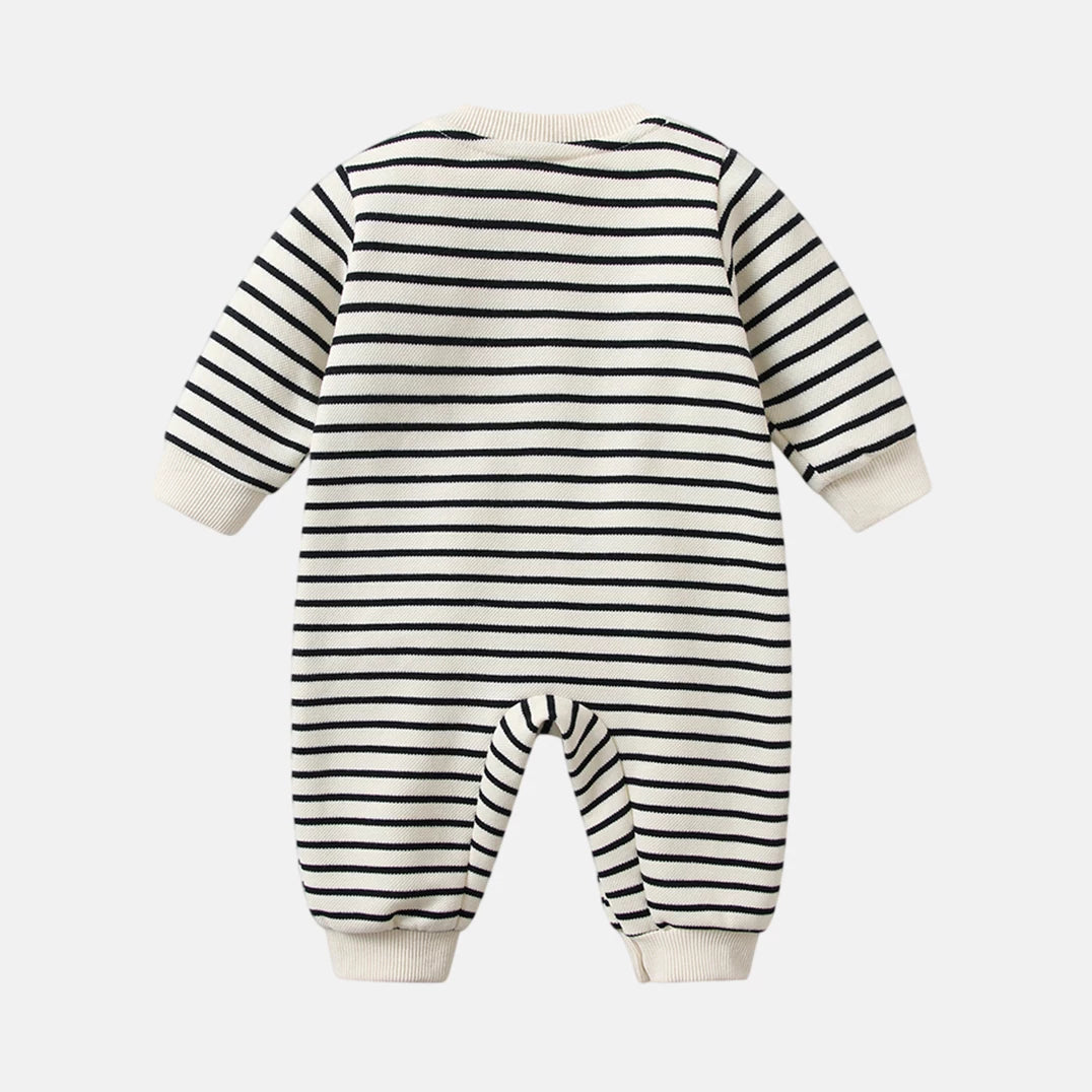 Back view of the striped long-sleeve baby romper with ribbed cuffs