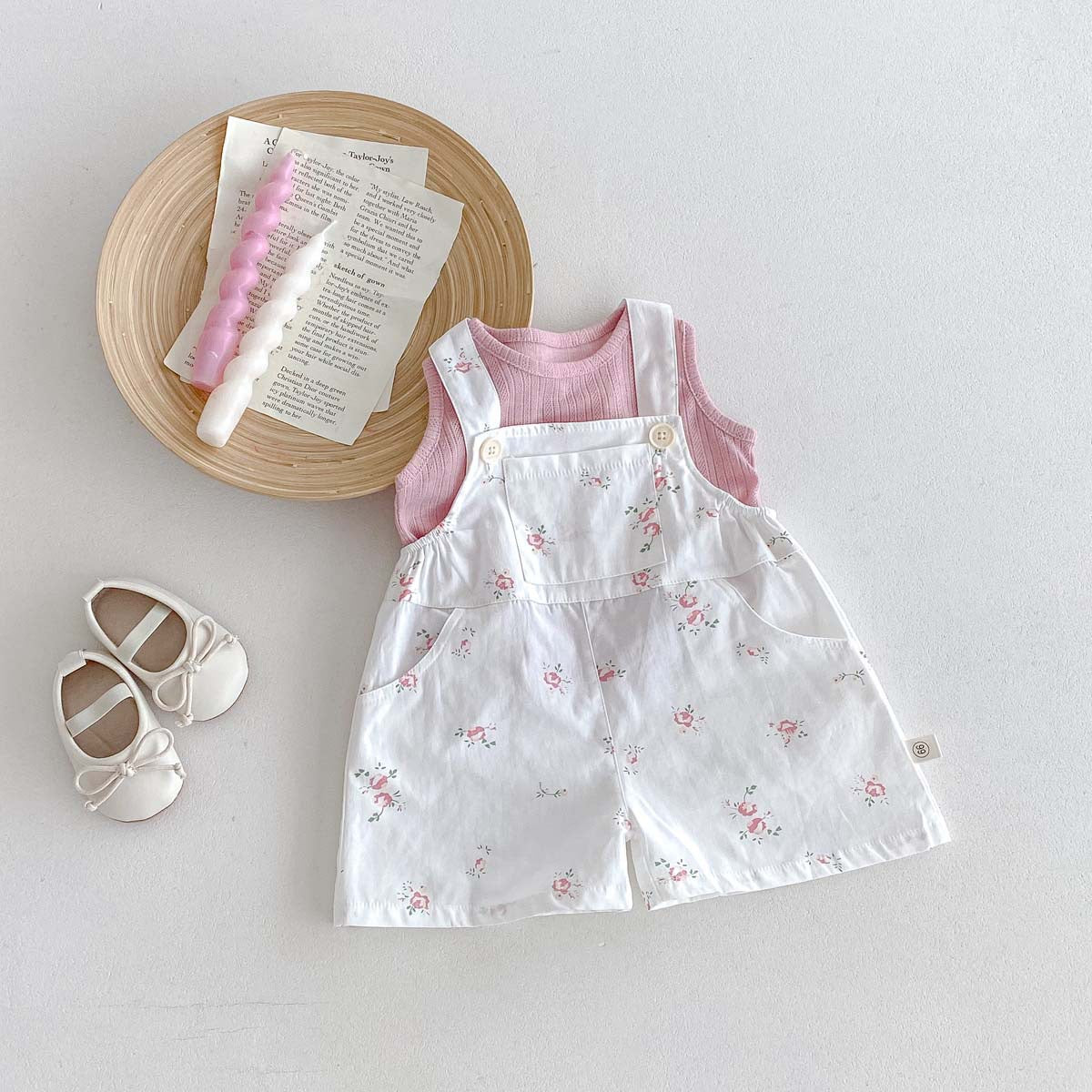 Rosebud print overall set with pink tank top and white bow baby shoes