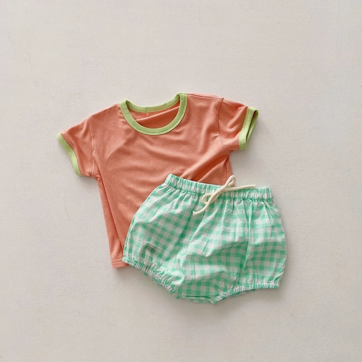 Colorful Tees & Plaid Short Set