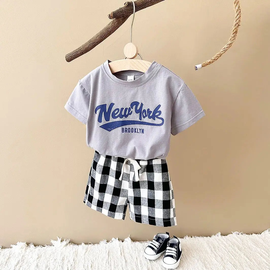 New York Print T-Shirt & Checkered Shorts Set