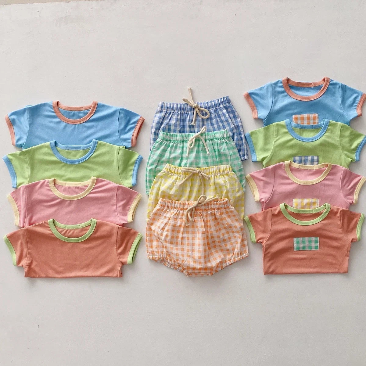 Colorful Tees & Plaid Short Set